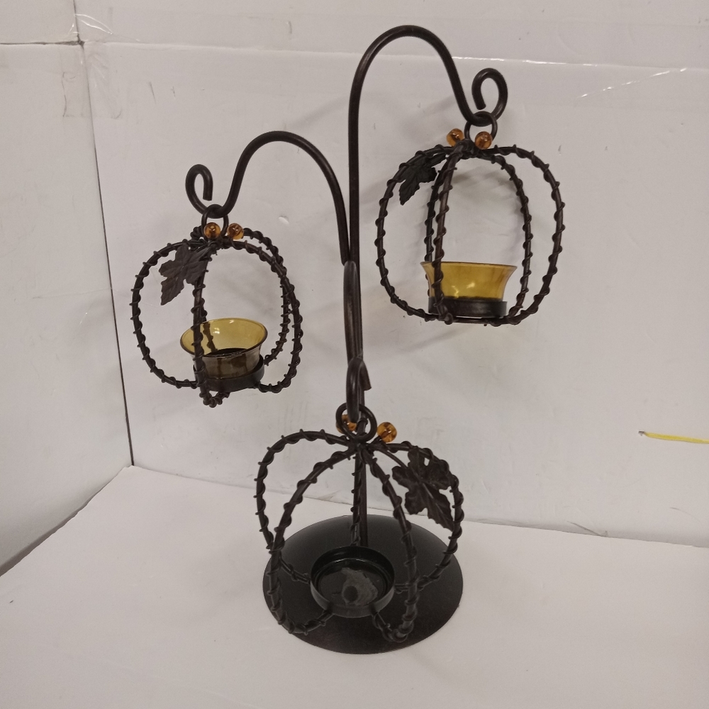 Cast Iron Dangling Candleholders Amber Jeweled Pumpkin Shape on Stand
